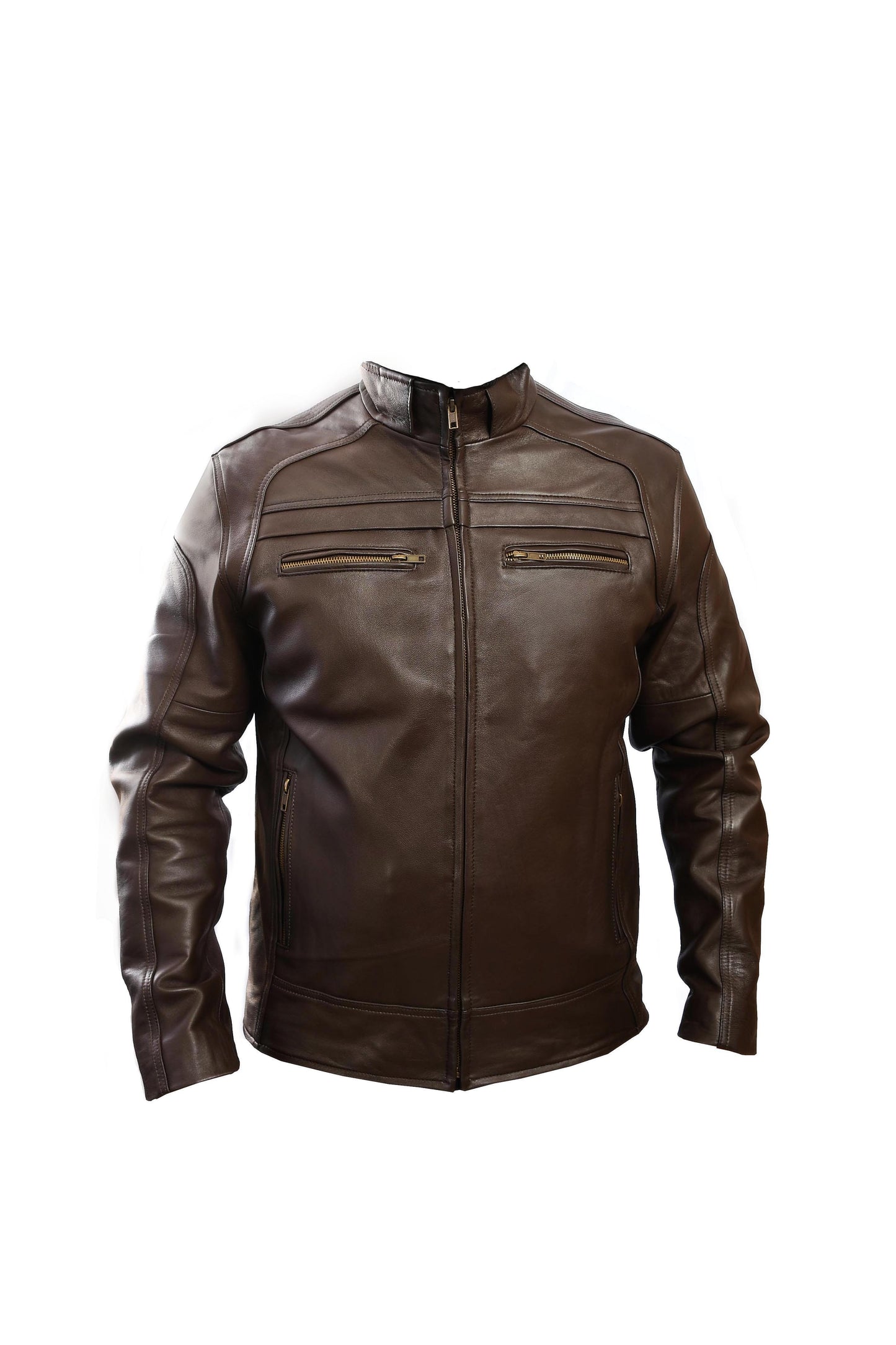 Chamarra Cuero Vacuno Hombre Empire - Cuello Alto Slim, Cierres y Bolsas