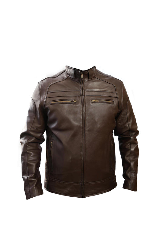 Chamarra Cuero Vacuno Hombre Empire - Cuello Alto Slim, Cierres y Bolsas