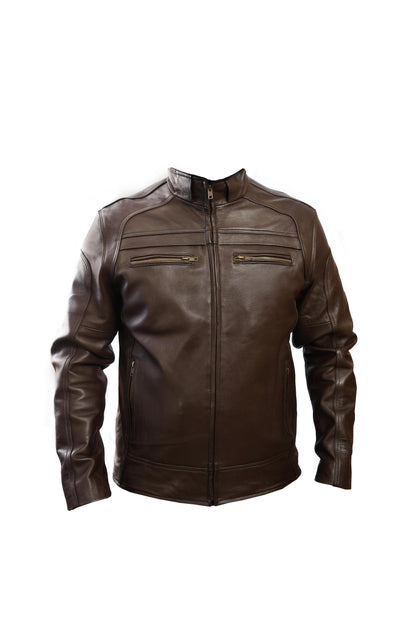 Chamarra Cuero Vacuno Hombre Empire - Cuello Alto Slim, Cierres y Bolsas