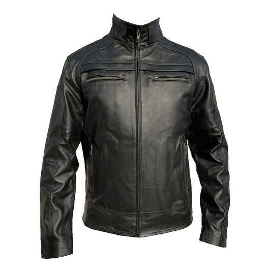 Chamarra Cuero Vacuno Hombre Empire - Cuello Alto Slim, Cierres y Bolsas