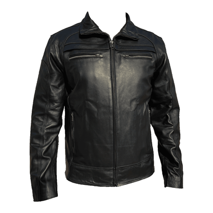 Chamarra Cuero Vacuno Hombre Empire - Cuello Alto Slim, Cierres y Bolsas